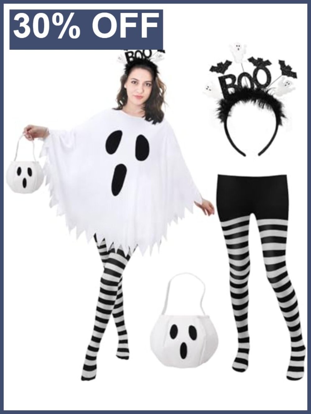 Ghost Costume Set for Women Halloween Poncho Headband Tights Candy Bag